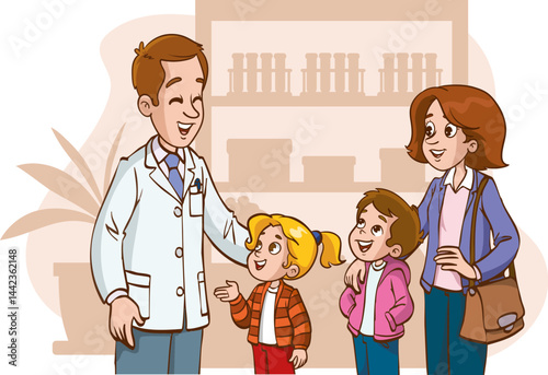 Young mother with her young children meets with her family doctor and asks for a consultation