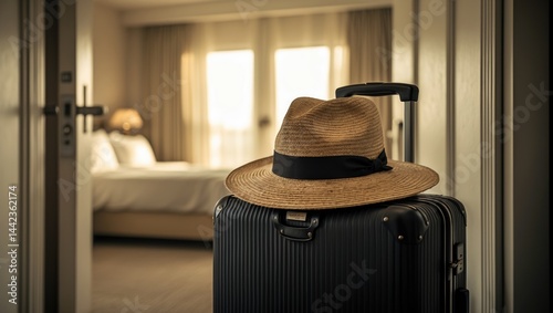 Black suitcase and a hat displayed in a stylish hotel room as the door opens. Ideas related to travel, service, journey, trip, summer holidays, and vacations.