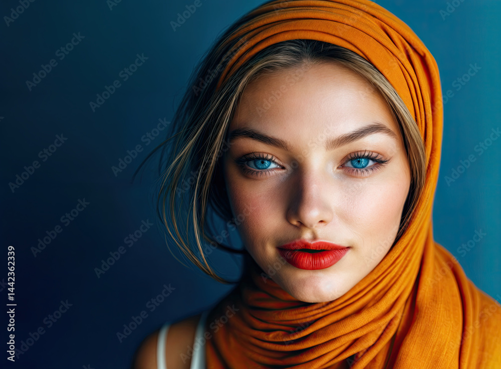 Close-up portrait of a woman with meticulously applied makeup and a vibrant orange headscarf.