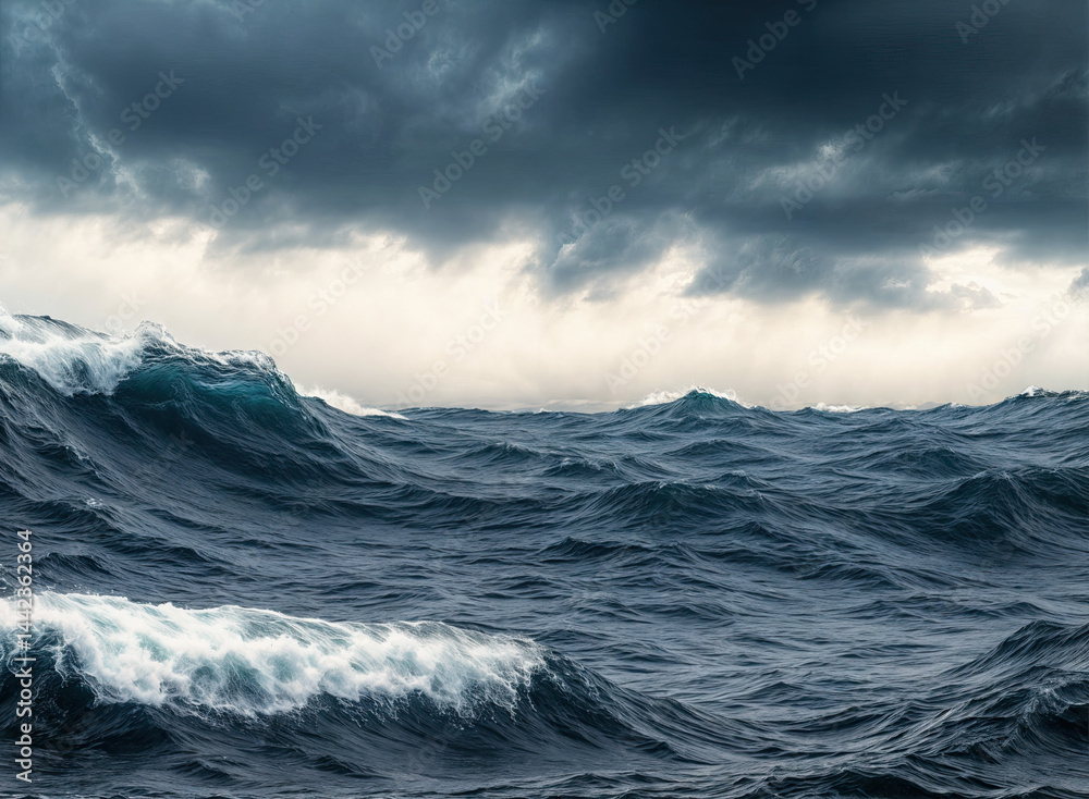 The ocean's surface is a chaotic dance of frothy whitecaps and deep blue water, under a menacing sky.