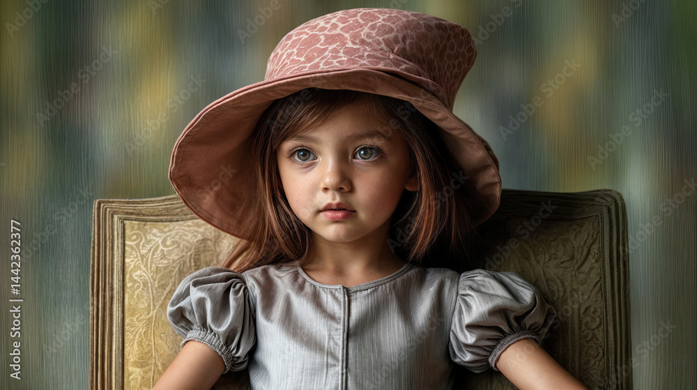 A young girl, dressed in a light gray dress and a patterned hat, sits serenely in a vintage chair.