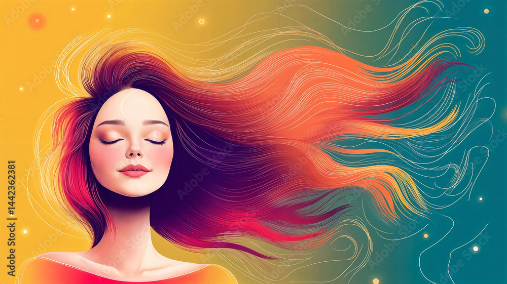 Relaxed woman with a soft, dreamy expression, her hair cascading in a gradient of colors.