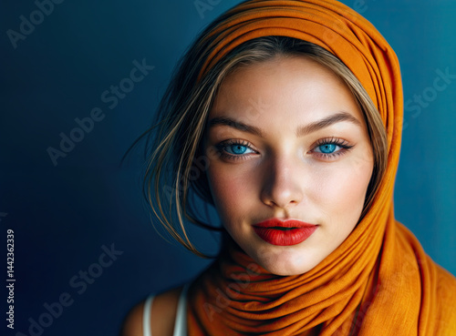 Obraz na płótnie Close-up portrait of a woman with meticulously applied makeup and a vibrant orange headscarf. w salonie