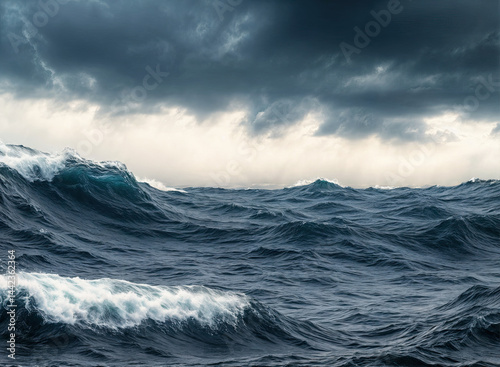 Obraz na płótnie The ocean's surface is a chaotic dance of frothy whitecaps and deep blue water, under a menacing sky. w salonie