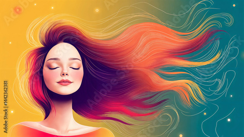 Obraz na płótnie Relaxed woman with a soft, dreamy expression, her hair cascading in a gradient of colors. w salonie
