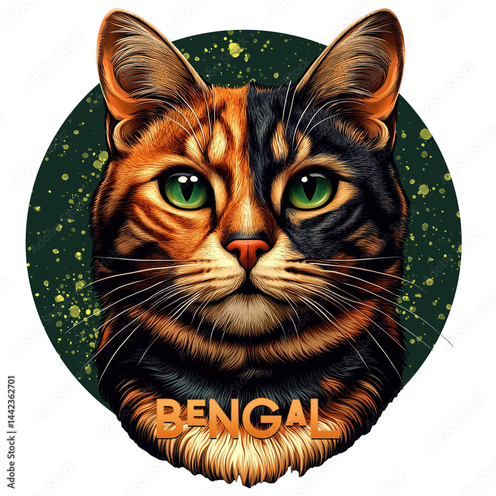 n artistic depiction of a Bengal cat with a vibrant and colorful background featuring splashes of green and yellow. The word
