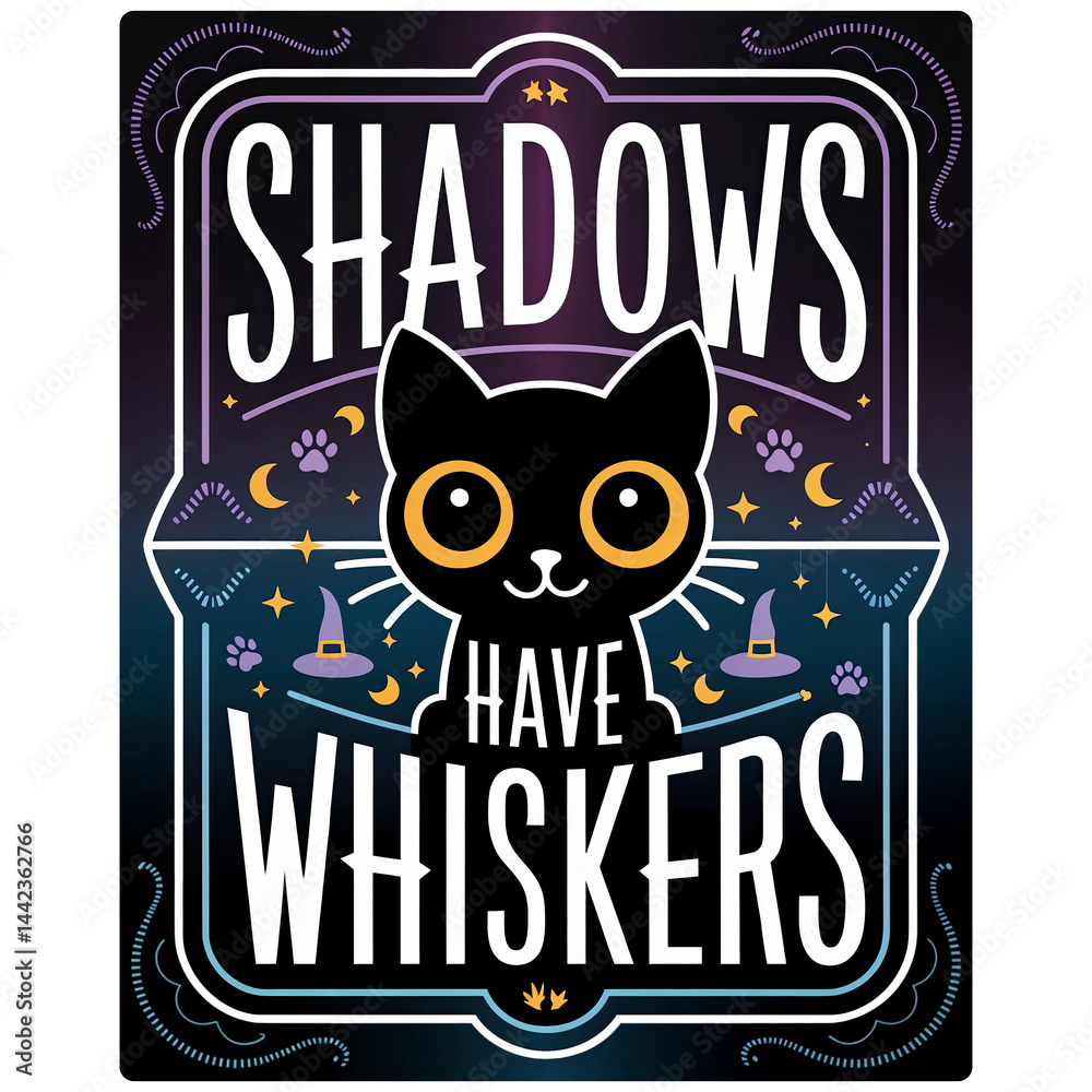 a Halloween theme with a cute black cat in the center, surrounded by various Halloween-related symbols such as witch hats, paw prints, stars, and crescent moons. The background is dark.