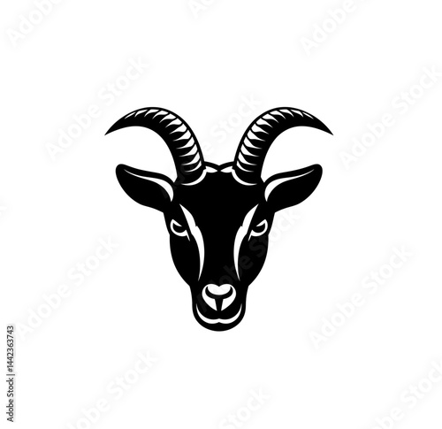 Goat head with horns vector icon in black color isolated on white.