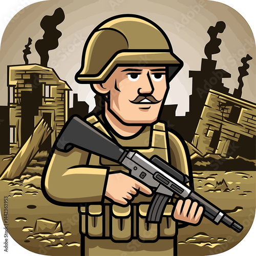 Soldier with gun in battlefield vector illustration.