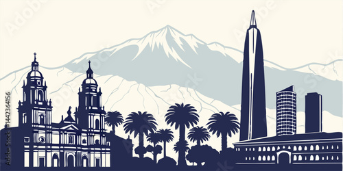 Santiago skyline silhouette vector with Gran Torre Santiago, Costanera Center, Andes Mountains backdrop, and historical architecture.