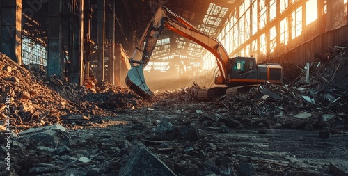 A large tracked excavator is operating on a steel pile at a metal recycling facility