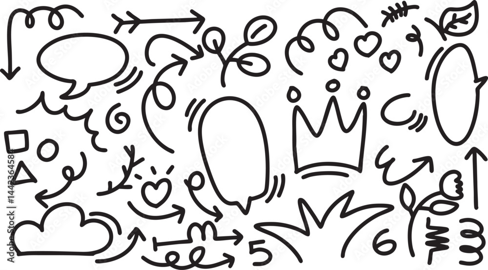 Obraz premium Cute hand drawn doodle vector set, love, Natural , star, cloud, weather, rainbow, flower, bubble, heart and creative design vector collection.