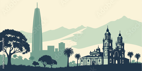 Santiago skyline silhouette vector with Gran Torre Santiago, Costanera Center, Andes Mountains backdrop, and historical architecture.
