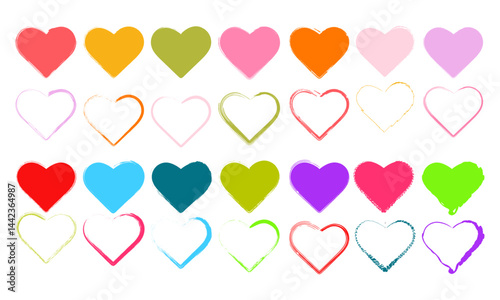 Hand-Drawn Colorful Hearts Set – Grunge Style Vector Icons of Solid and Outlined Hearts for Design, Rating, Scrapbooking Projects
