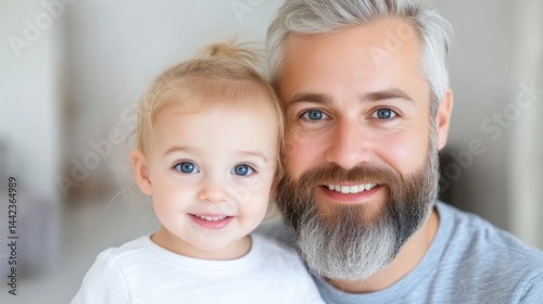A bearded man with a young child smiling closely together, indoor setting with soft lighting, intimate family moment, and casual and natural composition.
