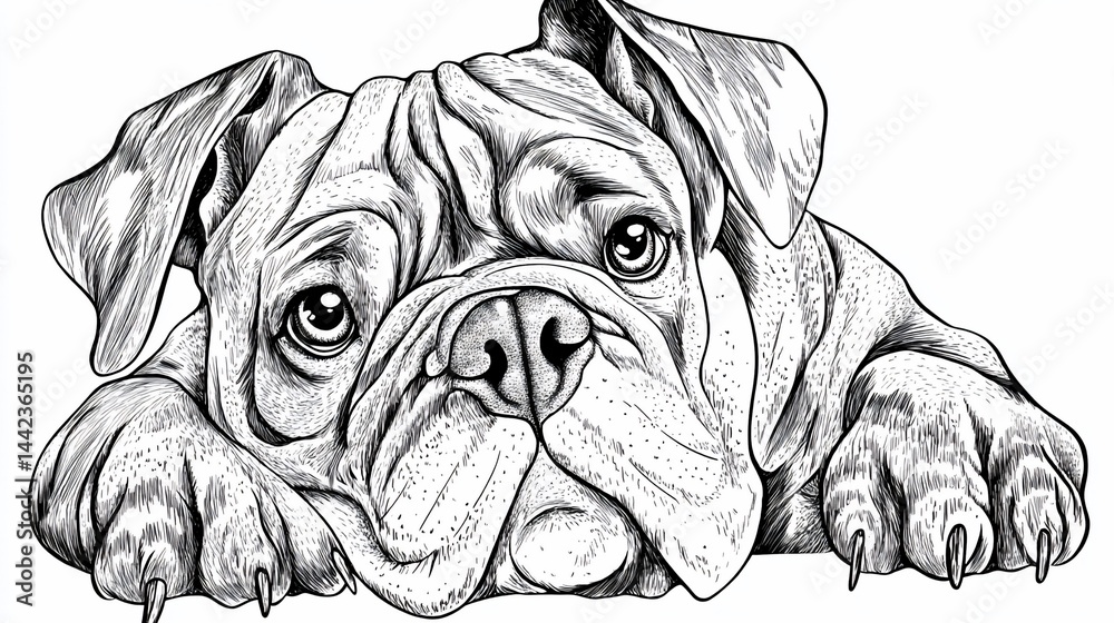 Obraz premium Pen and ink drawing of a bulldog lying down, looking sad.