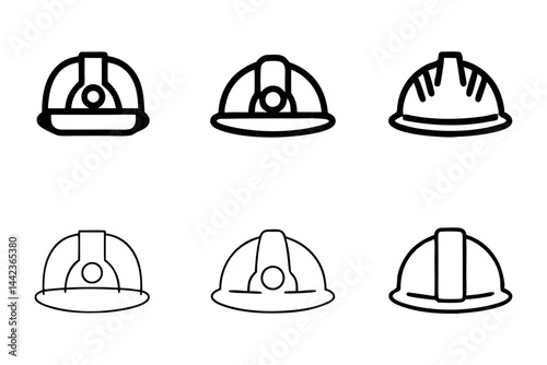 hard hats in different designs, representing construction, safety, and manual labor labour day or labor day line art icon set