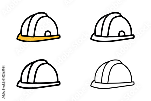 construction hard hats, with multiple designs and angles, symbolizing safety and work protection labour day or labor day line art icon set