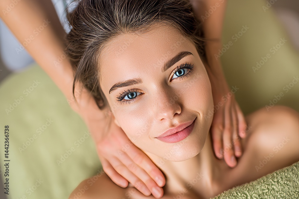 Naklejka premium The camera captures a beautiful brunette's smile as she receives a back massage