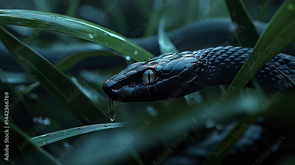 Black Snake in Green Grass with Water Droplet on Its Head