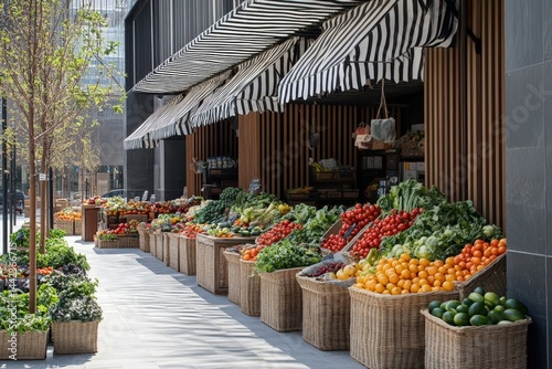 Fototapeta Naklejka Na Ścianę i Meble -  Colorful fresh produce in wicker baskets at modern urban street market in Lyon, France on sunny spring day
