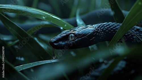 Obraz na płótnie Black Snake in Green Grass with Water Droplet on Its Head w salonie