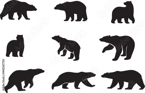 black silhouette illustrations of bears in various poses