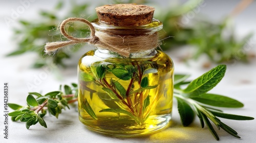 a small glass bottle of olive oil with fresh herbs on a white isolated background, natural and organic look
