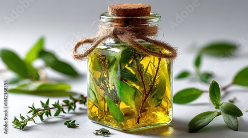 a small glass bottle of olive oil with fresh herbs on a white isolated background, natural and organic look