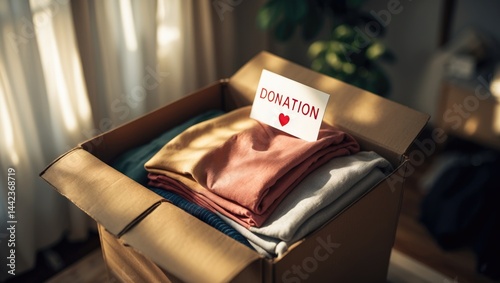 Clothes Donation Theme. Container of Garments with Tag. Arranging Used Clothing at Home. Top-Down View