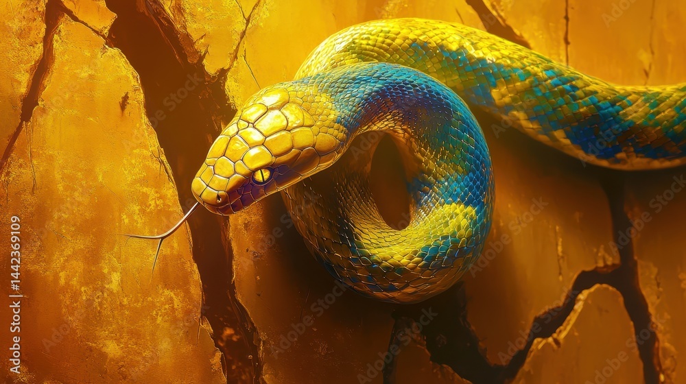Colorful Yellow and Blue Snake Slithering on Cracked Background