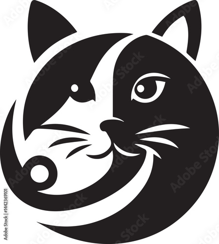Cute black feline animal with a funny face and white eyes