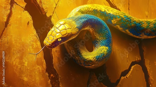 Obraz na płótnie Colorful Yellow and Blue Snake Slithering on Cracked Background w salonie