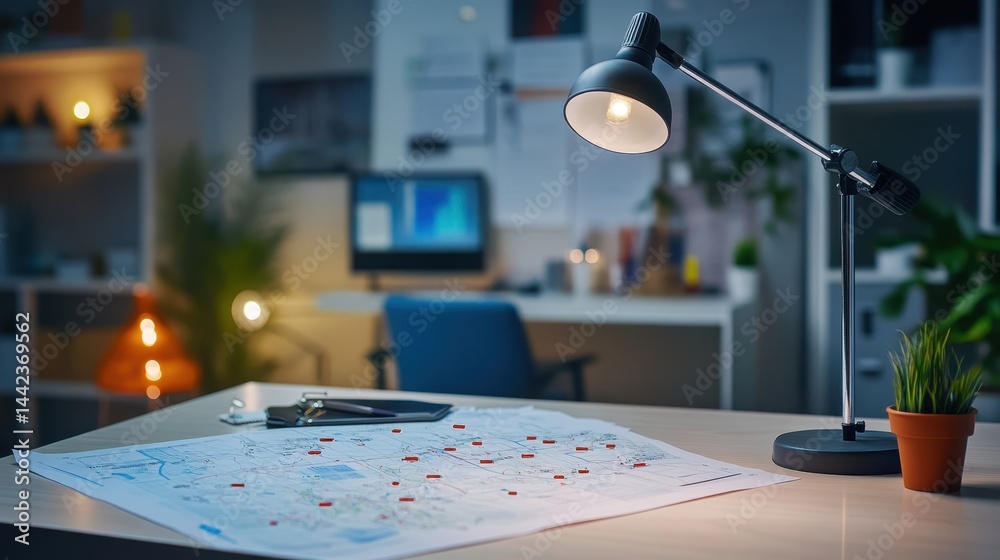 Desk Scene with Map, Lamp, and Office Setup in Modern Workspace
