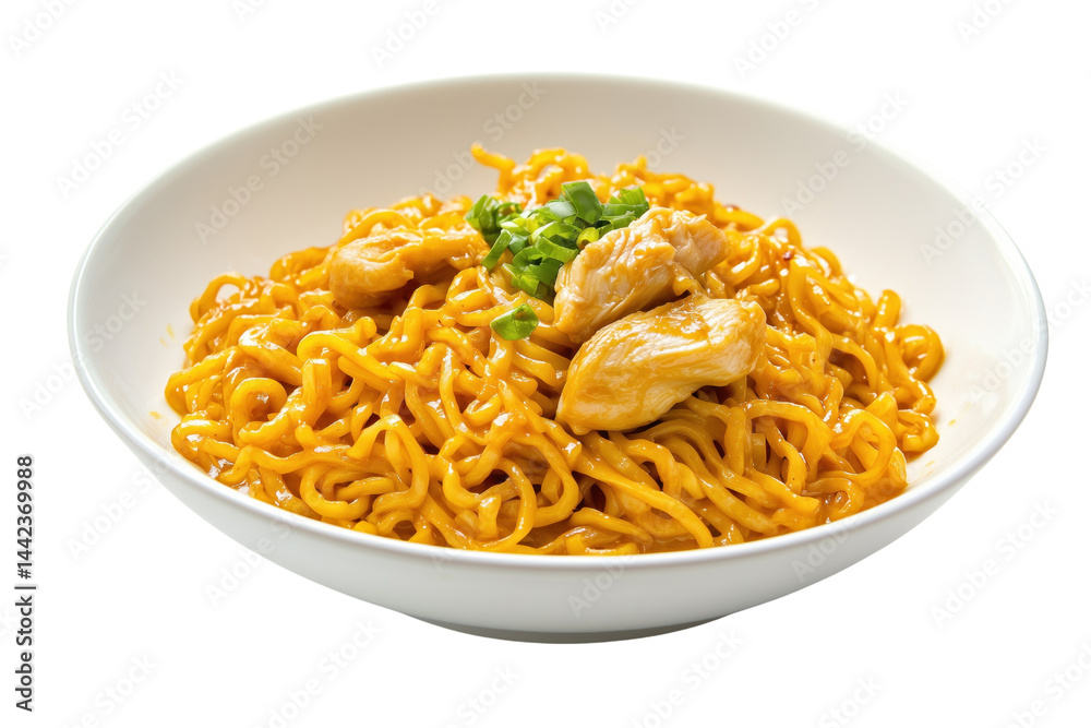 Egg noodles with curry, chicken, and vegetables garnished with finely chopped greens. Isolated object with transparent background Egg noodles with curry, chicken, and vegetables garnished with finely chopped greens. Isolated object with transparent background