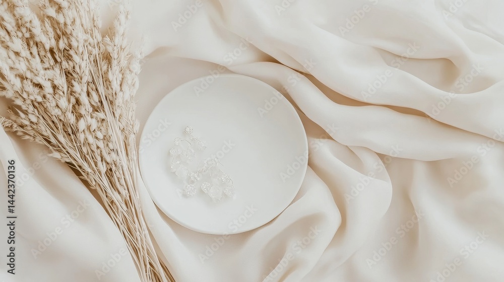 Elegant Minimalist Flat Lay of Plate with Dried Flowers on Fabric