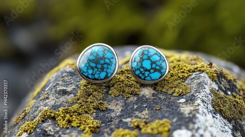 Obraz na płótnie Elegant Turquoise Stone Earrings on Mossy Rock Surface w salonie