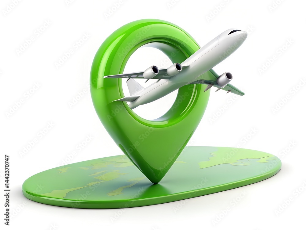 White Jet Passenger's Airplane with Target Pin green Map Pointer White Jet Passenger's Airplane with Target Pin green Map Pointer