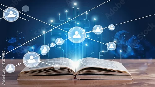 Open book with glowing digital connections, symbolizing knowledge sharing and technology advancement