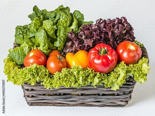 Fresh vegetables; red and yellow bell peppers, tomatoes and lettuce in a wicker basket.