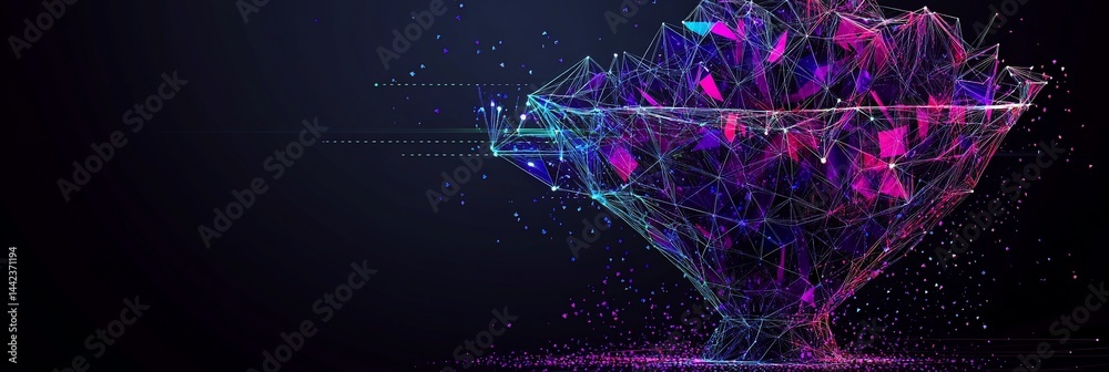 Abstract polygonal diamond shape with glowing particles.