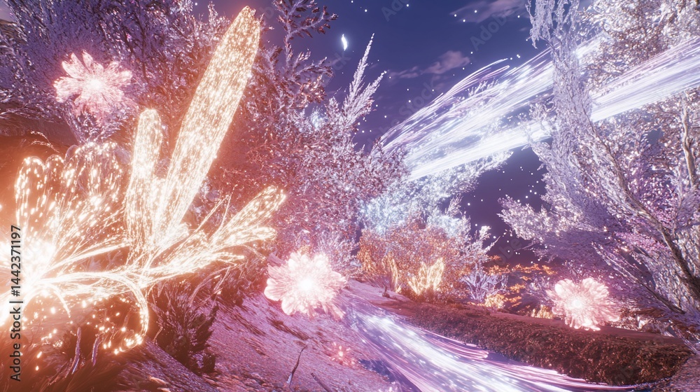 Glowing plants and icy landscape at night.