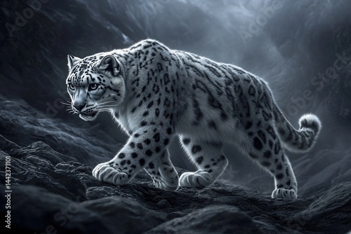 Majestic snow leopard prowling rocky mountain terrain at night.