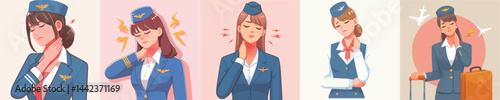 flight attendant character vector with neck pain