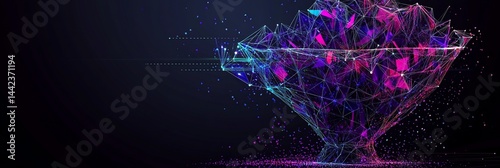 Abstract polygonal diamond shape with glowing particles.