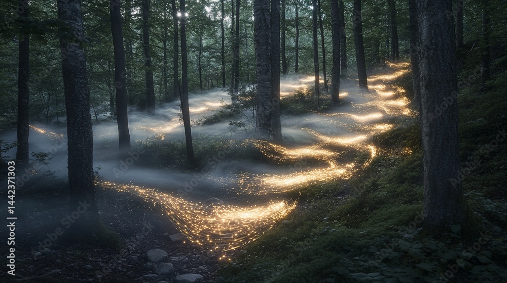 Magical glowing path winding through a misty forest at dusk.