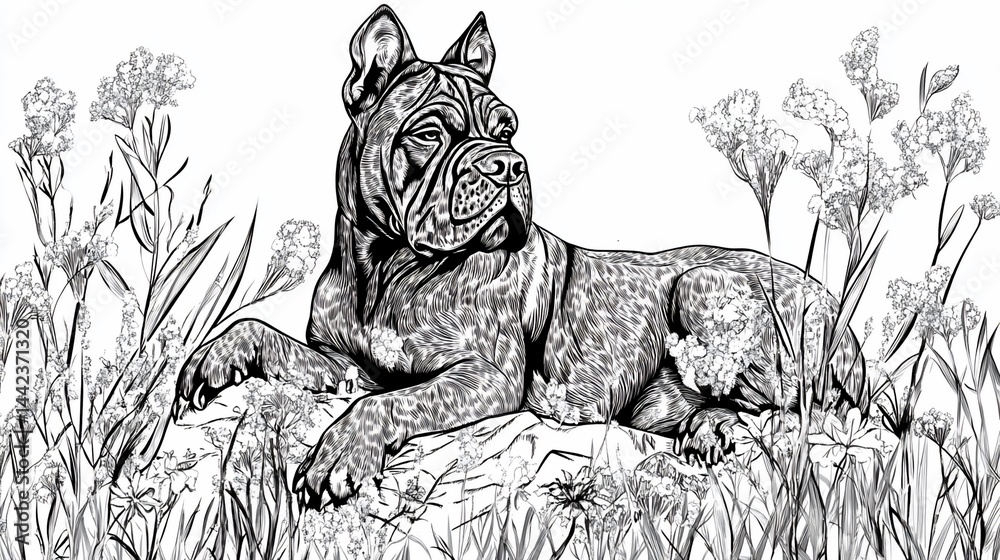 Canine resting on rock amidst tall grass and flowers, detailed monochrome illustration.