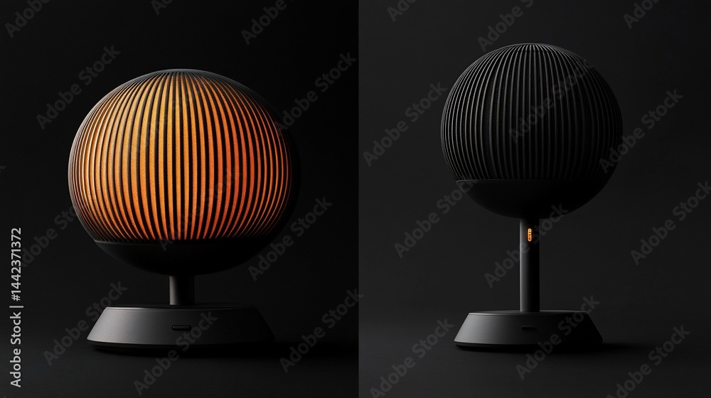Two views of a sleek, modern spherical lamp with a stand, one illuminated, one off, against a dark background.