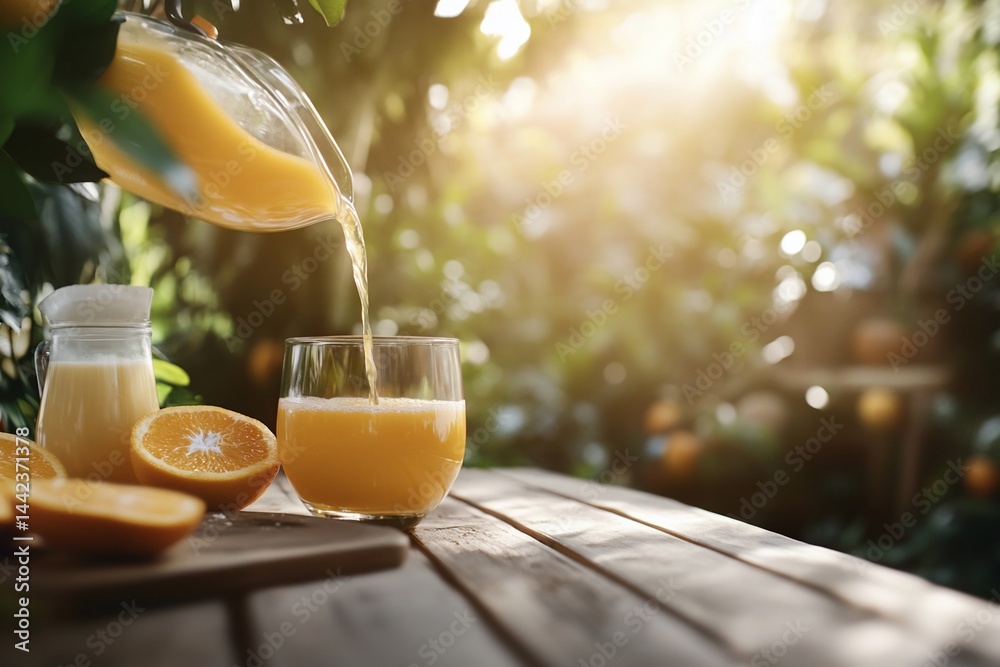 Fresh orange juice pouring into glass on wooden table outdoors.
