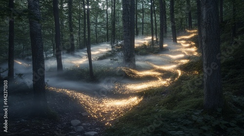 Obraz na płótnie Magical glowing path winding through a misty forest at dusk. w salonie